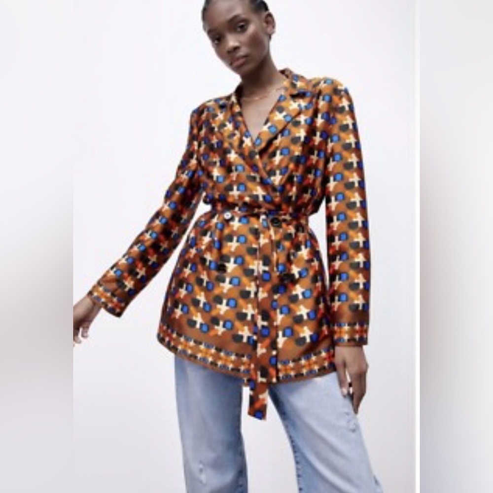 Zara Brown Geometric Satin Belted Blazer with Blue Accents